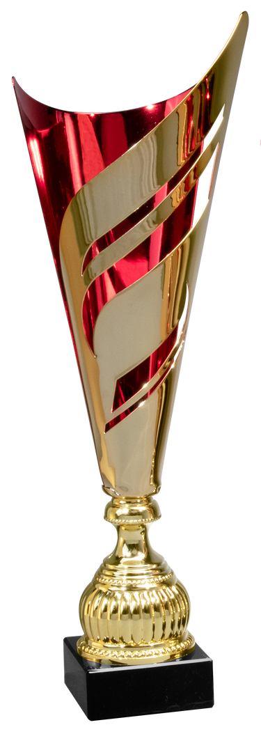 Ein gold-roter Pokal Neunkirchen 3-er Pokalserie 445 mm – 535 mm PK740500-3 mit ausgeschnittenen Details, montiert auf einem schwarzen Sockel.